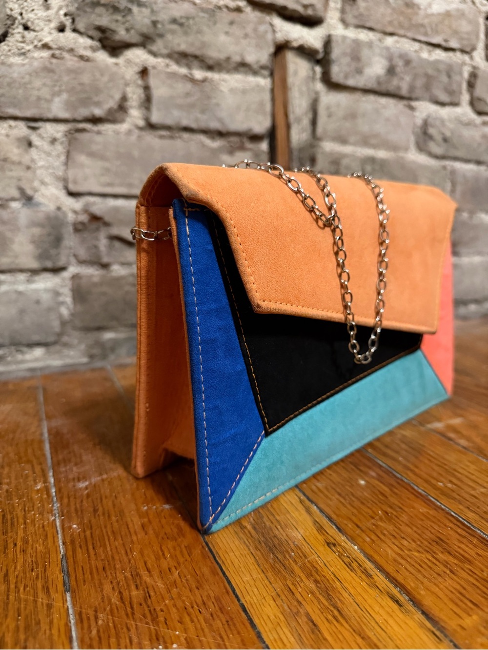 Colorblock Suede Envelope Crossbody Bag - Orange & Teal Vintage - Picture 2 of 4